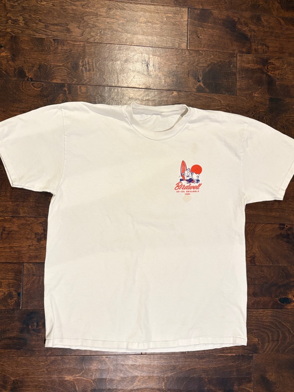 Birdwell White Tee with Red & Blue Surf Graphic
